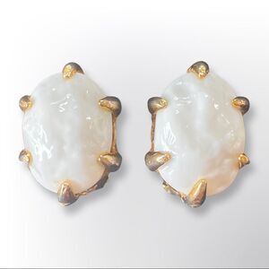 Vintage Milk Glass White Boulders Held by Golden Claws Clip On Earrings